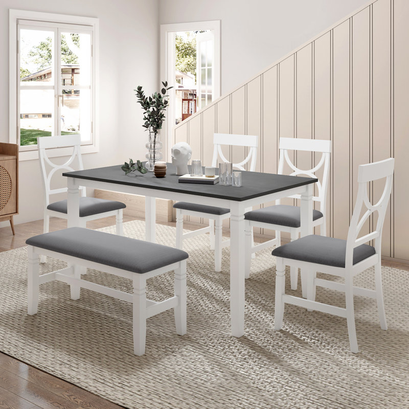 Red Barrel Studio 6 Piece Wood Dining Table Set Kitchen Table Set With Upholstered Bench And 4 Dining Chairs Wayfair Canada
